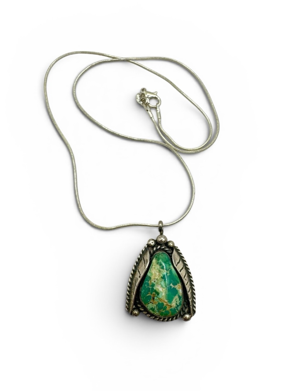 Vintage 1960s Sterling Silver Green Royston Turquoise Pendant Necklace 20”